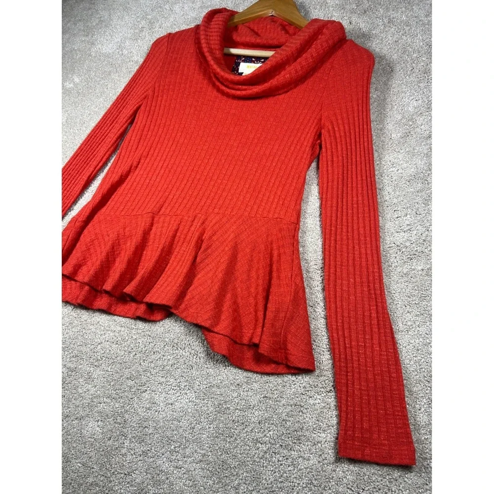 Anthropologie Mauve XS Orange Ribbed‎ Sweater Cowl Neck Peplum Top Knit Retro